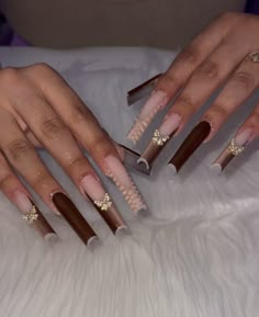 Brown Long Nails Ideas, Aura Nails Tapered Square, Long Nail Fall Designs, Fall Nail Designs Long Nails, Fall Inspo Acrylic Nails, Brown Y2k Nails Acrylic, Long Acrylic Nails Fall Design, Long Acrylic Nails Designs Ideas Fall, Brown Arclyc Nails