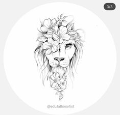 a drawing of a lion with flowers on its head