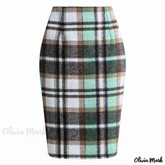 Olivia Mark - Grid-patterned High-waisted Pencil Skirt: Slim-Fit Woolen Midi Skirt Fitted Midi Skirt, Midi Skirt Pattern, Mid Calf Skirt, Leather Pleated Skirt, Umbrella Skirt, Plaid Pencil Skirt, Wool Pencil Skirt, High Waisted Pencil Skirt, Elegant Skirt