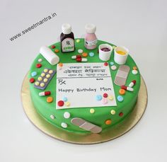 Homemade eggless personalized, handcrafted, designer Pharmacy, Medicine theme small customized 3D fondant birthday cake for pharmacist at Pune Cake For Pharmacist, Medicine Cake, Science Cake, Fondant Cakes Birthday, Customized Cake, Pharmacy Medicine