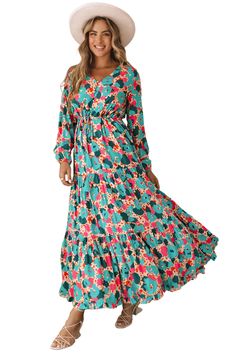 Multicolor Bohemia Print V Neck Ruffle Long Sleeve Maxi Dress Spring Multicolor Maxi Dress With Ruffle Hem, Multicolor Ruffle Hem Maxi Dress For Spring, Flowy Multicolor Ruffled Maxi Dress, Casual Multicolor Maxi Dress With Ruffles, Green Ruffle Hem Maxi Dress For Fall, Multicolor V-neck Maxi Dress With Ruffle Hem, Green Maxi Dress With Ruffle Hem For Fall, Fall Green Maxi Dress With Ruffle Hem, Multicolor Ruffled Dresses For Fall