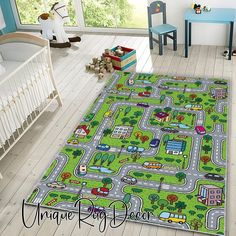 a child's rug with cars and trucks on it in the middle of a room