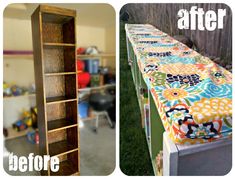 before and after photos of a bench made out of bookshelves