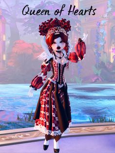 the queen of hearts is standing in front of a lake