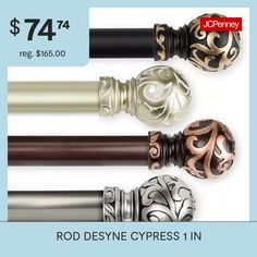 four different styles of curtain rods with the price tag $ 744 00 reg $ 156 00