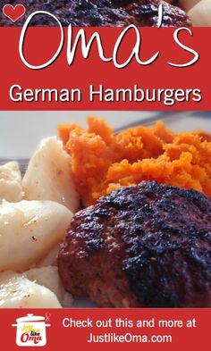 a plate with meat, potatoes and carrots on it that says oma's german hamburgers