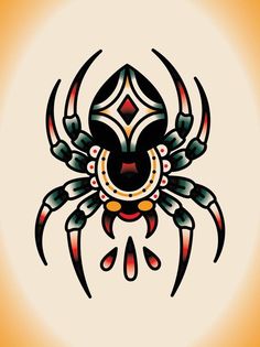 a spider tattoo design in black and red on an orange background, with the image of a