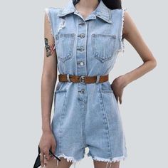 Make a statement with our 2023 Spring-Summer Collection distressed edges women's overall shorts! A trendy day tribute to the unforgettable modern of the 90s. this piece is sure to turn heads. With a light wash. baggy fit. and buttoned closure. this denim jumpsuit will make you look timelessly chic.Why You'll Fall In LoveThis jumpsuit is a perfect balance of conventional and contemporary. Its distressed edges offer an laid-back flair. while its loose silhouette allows for maximum comfort. The but Summer Sleeveless Shortalls For Spring, Sleeveless Summer Shortalls For Spring, Casual Short Denim Jumpsuit For Summer, Trendy Sleeveless Cotton Shortalls, Trendy Sleeveless Summer Denim Jumpsuit, Summer Light Wash Shortalls With Pockets, Trendy Medium Wash Short Length Denim Jumpsuit, Summer Sleeveless Light Wash Jumpsuits And Rompers, Sleeveless Light Wash Jumpsuits And Rompers For Summer