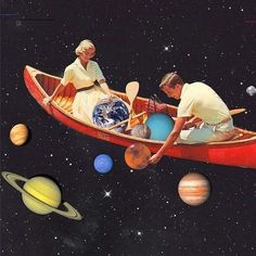 two people in a red boat surrounded by planets and the sun, with one man sitting on top of another