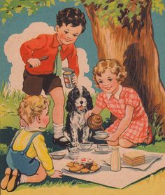 two children and a dog are eating at a picnic table