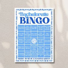 a blue and white poster with the words bachelor bingo written in bold font on it