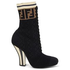 100% authentic Fendi Rockoko Knit Sock Ankle Boots in black stretchy technical fabric with brown Fendi logo knit at the top and decorative lacing detail at front. Booties feature a black and cream curved high heel. Brand new. Come with dust bag. Measurements Imprinted Size 36.5 Shoe Size 36.5 Inside Sole 23.5cm (9.2in) Width 7cm (2.7in) Heel 10cm (3.9in) Shaft 17cm (6.6in) All our listings include only the listed item unless otherwise specified in the description above. 2ne1 Outfits, Fendi Socks, Fendi Heels, Sandals Socks, Fendi Boots, Pink Nike Shoes, Chic High Heels, Sock Ankle Boots, Pretty Shoes Sneakers