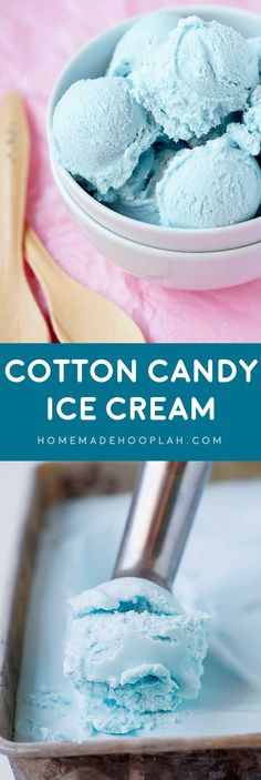 cotton candy ice cream in a bowl with spoons on the side and text overlay that reads cotton candy ice cream