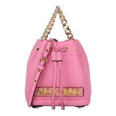 Length: 6.9375" X Width: 3.6875" X Height: 7.3125"; Handle Drop Length: 2.875"; Strap Drop Length: 22.1875" | Drawstring Top Closure | Interior Features One Card Slot | Saffiano Finish | One Adjustable And Detachable Shoulder Strap And One Chain-Link Handle | Specialist Clean Only | 100% Lambskin Leather | Made In Italy Balloon Lettering, Moschino Bags, Drawstring Top, Letter Balloons, Lambskin Leather, Moschino, Chain Link, Bucket Bag, Shoulder Strap