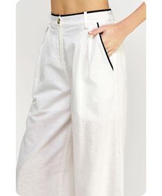 Contrast piping detail pants in linen fabric. These trouser pants feature wide legs, pleat detail at the front, color contrast piping detail at side pockets/waistband, lining, belt loops, elasticated waistband at the back, and button with zipper closure at the front. Trousers Details, Trouser Pocket, Contrast Piping, Colmar, Color Contrast, Wide Legs, Nice Things, Trouser Pants, Linen Pants