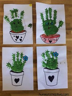 four pictures of cactus in pots with hearts and flowers painted on them, each one has a different face