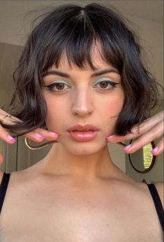 Rebecca black short wavy bob French Bob For Thick Wavy Hair, Short Wavy Bob Undercut, Short Wavy Hair 2023, Short Bob Short Fringe, Short Bob With Bangs Wavy Hair, French Bob Mullet, Black French Bob With Bangs, Short Hair Turtleneck, Heavy Bangs Bob