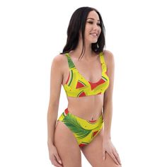 It’s too easy to fall in love with this watermelon bikini set. Removable pads and its double-layer make it comfy to wear all day by the pool or at the beach.• Fabric composition in the EU: 88% recycled polyester, 12% elastane• Fabric weight in the EU (may vary by 5%): 6.78 oz/yd² (230 g/m²)• Fabric composition in MX: 81% REPREVE recycled polyester, 19% LYCRA XTRALIFE • Fabric weight in MX (may vary by 5%): 7.52 oz/yd² (255g/m²)• Double-layered and non-reversible• Removable padding• Tear-away care label• Zig-zag stitchingThis product is made especially for you as soon as you place an order, which is why it takes us a bit longer to deliver it to you. Making products on demand instead of in bulk helps reduce overproduction, so thank you for making thoughtful purchasing decisions! Size guide C Tropical Swimwear For Summer Activities, Playful Green Swimwear For Beach Season, Playful Green Tankini For Poolside, Green Swimwear For Summer Beach Activities, Fun Green Swimwear For Vacation, Playful Green Swimwear For Summer Activities, Playful Green Swimwear For Pool, Playful Green Pool Swimwear, Playful Green Swimwear For Beach Party