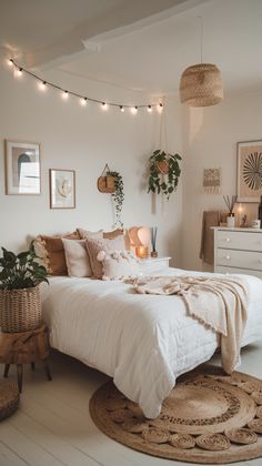 a bedroom with white walls and lights strung above the bed, rugs on the floor