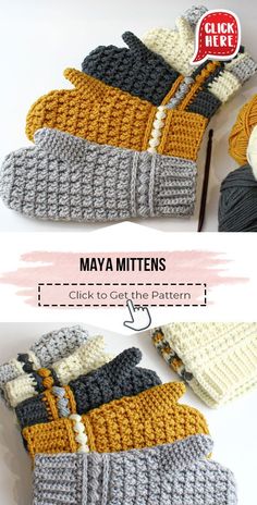 crocheted mittens are shown with the text, may mittens click to see pattern