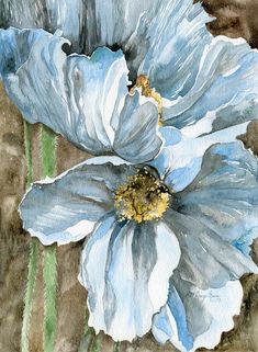 two blue flowers are shown in this watercolor painting