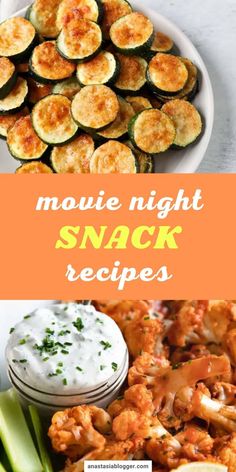 several different types of food with the words movie night snack recipes on top and bottom