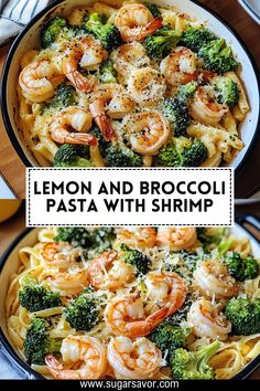 lemon and broccoli pasta with shrimp in a skillet