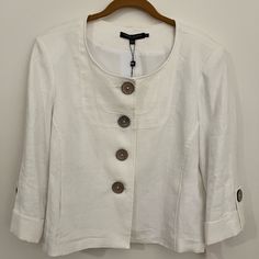 White Robert Kitchen Linen Jacket. 3/4 Sleeve. Nwt. Size 10. Spring Outerwear With Button Closure And 3/4 Sleeve, Elegant White Outerwear With 3/4 Sleeves, Casual White Outerwear With 3/4 Sleeves, Casual White 3/4 Sleeve Outerwear, White Linen Outerwear For Fall, White Fitted Outerwear With 3/4 Sleeves, Chic White Outerwear With 3/4 Sleeves, White 3/4 Sleeve Outerwear For Winter, Kitchen White