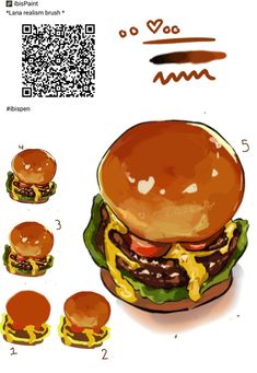 a drawing of a hamburger with cheese and sauce on it's buns next to other burgers