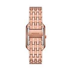 Seize the day in this ladies' Raquel rose-toned watch from Fossil. Brown dial, rose-toned hands and roman numeral markers, a border of cubic zirconia, date display 26.0mm rectangular rose-toned ion-plated stainless steel case with mineral crystal Japanese quartz movement keeps accurate time Rose-toned stainless steel link bracelet; push-button fold-over clasp Water resistant to 50 meters We are an authorized Fossil dealer Rose Tone, Minerals Crystals, Quartz Movement, Stainless Steel Case, Fossil, Cubic Zirconia, Plating, Crystals