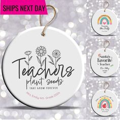 teacher's plant seeds ornament with four different designs on the front and back