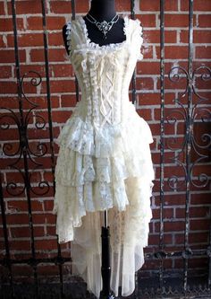 White Goth Dress, Brocade Corset Top, Pixie Clothes, Cabaret Dress, Paris Cabaret, Brocade Corset, White Goth, Ribbon Laces, Fairytale Dress