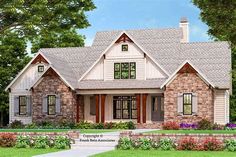 this is an artist's rendering of a house in the country style with brick and stone accents