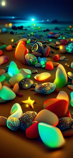 many different colored rocks and stars on the beach at night with lights in the sky