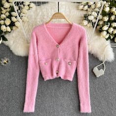 Fabric: Blended Size: one size Color: black, white, blue, yellow, pink Size: shoulder 43 waist 86-110 sleeve 51 length 47 Cardigan Korean, Cropped Pink, Cheap Cardigans, Soft Knit Cardigan, Early Fall Outfits, Wool Sweaters Womens, Cashmere Sweater Women, Short Cardigan, Womens Cashmere