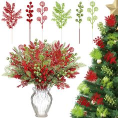 the christmas tree is decorated with red, green and white flowers in glass vases