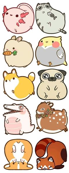 several different animal stickers are shown in this drawing style, each with different colors and shapes