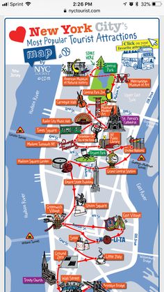 the new york city map is shown in red, white and blue with lots of different locations