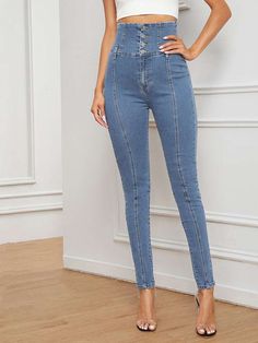 High Waist High Stretch Skinny Jeans | EMERY ROSE Denim Jeans Outfit, Chic Jeans, Denim Chic, Stretchy Jeans, Women Denim Jeans, Grace Kelly, Casual Denim, Trendy Fashion Women, Denim Fabric