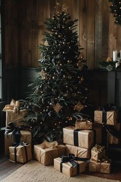 a christmas tree with presents under it