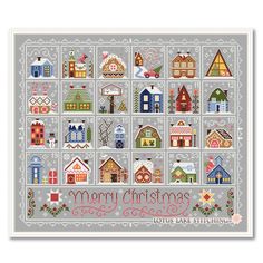 a cross stitch christmas card with houses and snowflakes on the front, in grey