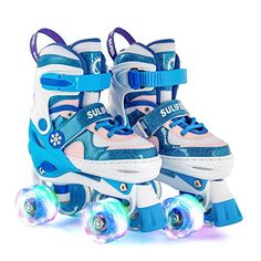 two roller skates with blue and pink wheels