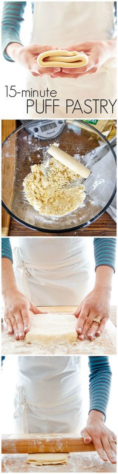 the process for making pie crusts is shown in three different stages, including dough and rolling