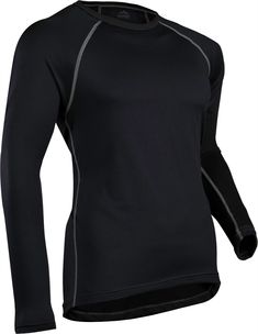 a black long sleeved shirt with grey piping on the chest and side panels