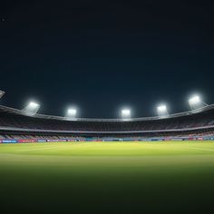 an empty soccer stadium at night with the lights on