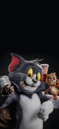 an animated cat with two mice on it's back and one mouse in the background