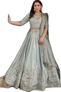 Pakistani Bridal Ice Blue Lehenga Choli Dupatta Dress Sequin Chinon Dress For Reception, Art Silk Wedding Dress With Intricate Embroidery, Blue Sequined Traditional Wear For Wedding, Elegant Sequined Traditional Wear For Weddings, Elegant Sequined Traditional Wedding Wear, Sequin Anarkali Set For Wedding Party, Sequin Gown For Wedding Eid Festival, Embellished Art Silk Gown For Reception, Traditional Wedding Wear With Sequins