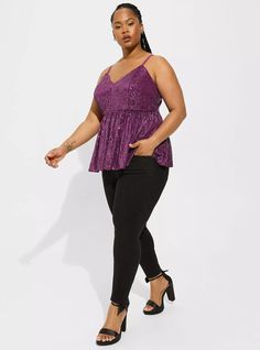 FIT Model is 5'10” wearing size 1. . Measures 28” from shoulder (size 2). MATERIALS + CARE Sequin woven fabric. 96% polyester, 4% spandex. Dry clean only. Imported. DETAILS Deep v-neck. Sleeveless. Sequined detail. . Peplum detail. . The best plus size women's peplum sequin v-neck tank sleeveless & tops in phlox made of sequin. Rock your look from Torrid to Festivals like Coachella and Lollapalooza, a concert, a show, or just for fun! Torrid is your destination for cozy fall and winter clothes t Purple V-neck Tank Top For Party, Purple Stretch V-neck Tank Top, Fitted Purple V-neck Tank Top, Cozy Fall, Just For Fun, Lower Case Letters, Deep V Neck, Woven Fabric, Winter Outfits