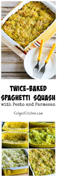 two - baked spaghetti squash with pesto and parmesan sauce in a casserole dish