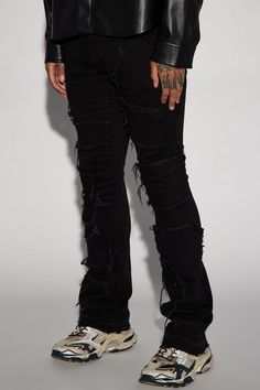 Available In Black. Stacked Skinny Flare Fit Stretch Denim 5 Pocket Body Button Closure Zip Fly Patch Fray Detail Open Hem 88% Cotton 8% Polyester 4% Spandex Imported | Mens Patch It Up Stacked Skinny Flare Jeans in Black size 40 by Fashion Nova Fitted Streetwear Bottoms With Button Zip Fly, Black Slim Fit Denim Bottoms, Black Fitted Ripped Bottoms, Fitted Black Ripped Bottoms, Edgy Ripped Fitted Jeans, Black Jeans With Button Closure For Streetwear, Edgy Slim Fit Jeans For Streetwear, Edgy Black Slim Fit Jeans, Ripped Fitted Punk Jeans